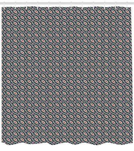 Presock Geometric Cortinas De Ducha, Abstract Pattern Diagonal Divided Squares and Polygonal Shapes, Cloth Fabric Bathroom Decor Set with Hooks, 60 x 72Inch, Dark Blue Pale Yellow Coral