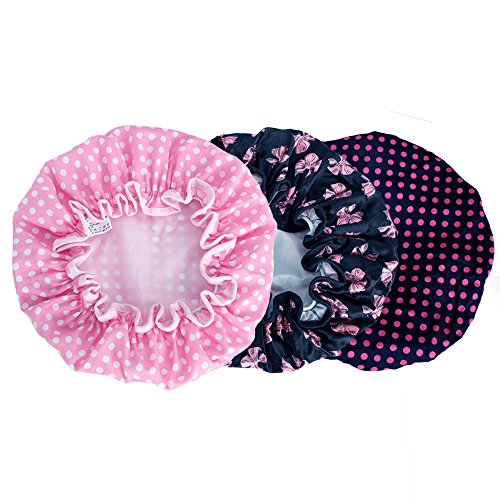PrettyDate - 3 gorros de ducha de doble capa, elásticos y resistentes al agua - Gorros de baño femeninos para ducha y balneario