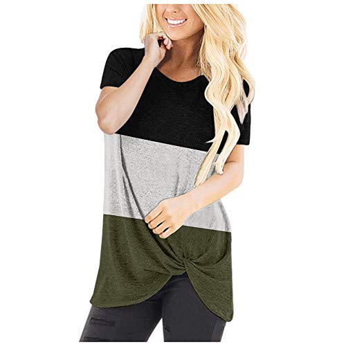 Primavera y Verano Casual Cuello Redondo Rayas Estampado de Leopardo Costura Camiseta de Manga Corta Mujer S-3Xl