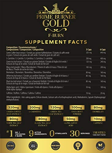 Prime Burner Gold | Quemador de Grasa 100% Natural| Fórmula Activa Para Keto Dieta| Ingredientes Naturales Quemagrasas | Vegano | Certificado Por Laboratorio | 90 Cápsulas | Fabricado en la UE