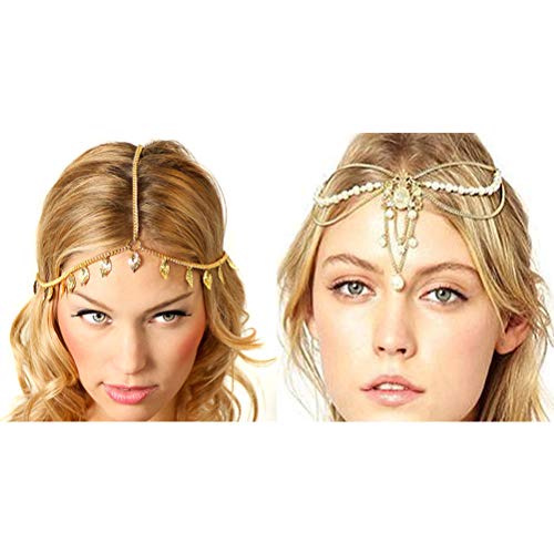 Princesa corona Tiara de la boda 2 Unids Hairband Cadena Bohemia Joyería Tocado de La Cadena de la Hoja Hairband Cadena perla real Corona decoraciones de la cadena del tocado