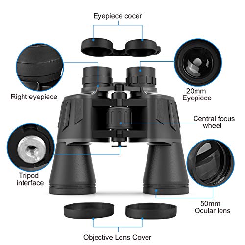 Prismáticos, Zaeel 12x50 Binoculares Profesionales, Telescopio de Prismáticos Compactos e Impermeables con Lentes Multicapa, Aumento de alta Potencia con Estuche, Tapas de Lentes, Correa y Tela