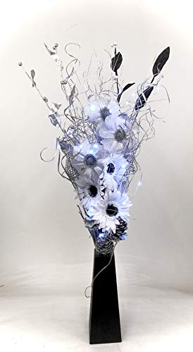 Productos de enlace: jarrones de madera con flores y plantas artificiales y luces LED, Bright Silver, 85 cm