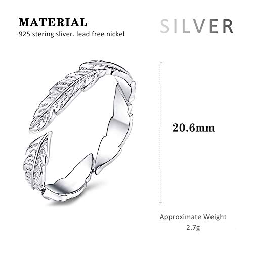 PROJEWE Anillo De Plata Esterlina 925 Anillos de Compromiso Boda Pluma para Mujer Niñas Anillo Hojas Alas de Angel Anillo Abierto Ajustable