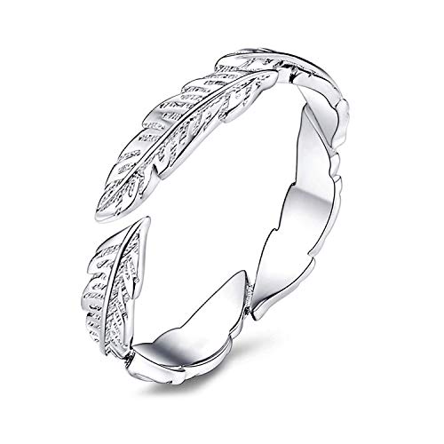 PROJEWE Anillo De Plata Esterlina 925 Anillos de Compromiso Boda Pluma para Mujer Niñas Anillo Hojas Alas de Angel Anillo Abierto Ajustable