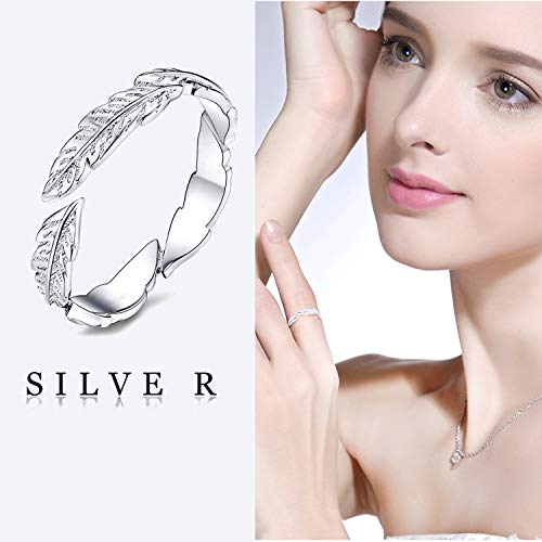 PROJEWE Anillo De Plata Esterlina 925 Anillos de Compromiso Boda Pluma para Mujer Niñas Anillo Hojas Alas de Angel Anillo Abierto Ajustable