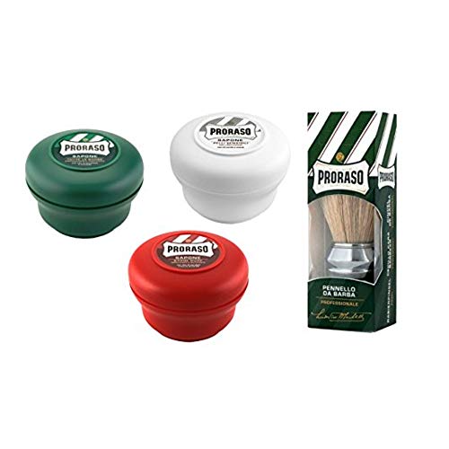Proraso Brocha de Afeitar Profesional + 3 x Jabón de Afeitar Proraso: Verde, Blanco y Rojo.