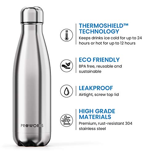 Proworks Botellas de Agua Deportiva de Acero Inoxidable | Cantimplora Termo con Doble Aislamiento para 12 Horas de Bebida Caliente y 24 Horas de Bebida Fría - Libre de BPA - 1.5L – Plata