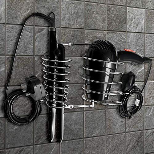 Pukkr Soporte de Plancha y secador de Pelo | Soporte de Metal montado en la Pared con Cable ordenado | Espiral Resistente al Calor | Cromo