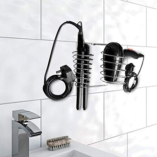 Pukkr Soporte de Plancha y secador de Pelo | Soporte de Metal montado en la Pared con Cable ordenado | Espiral Resistente al Calor | Cromo