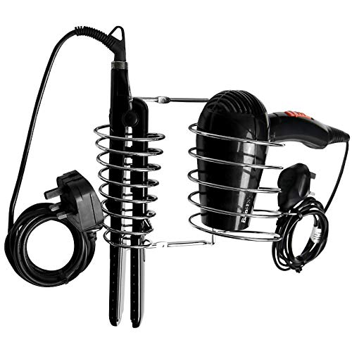 Pukkr Soporte de Plancha y secador de Pelo | Soporte de Metal montado en la Pared con Cable ordenado | Espiral Resistente al Calor | Cromo