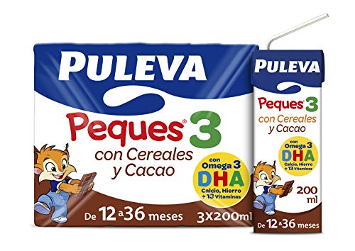 Puleva Peques Leche De Crecimiento Tipo 3 con Cacao y Cereales - 10 packs de 3 minibriks de 200 ml