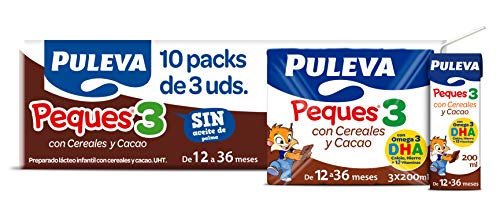 Puleva Peques Leche De Crecimiento Tipo 3 con Cacao y Cereales - 10 packs de 3 minibriks de 200 ml