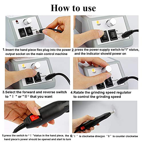 Pulidor Esmeril limas de uñas profesionales eléctricas Máquina lijadora Pedicura lijadora eléctrica con 6 Brocas Pulidor Broca y 150 bandas de lijado Torno para uñas para Manicura y Pedicura