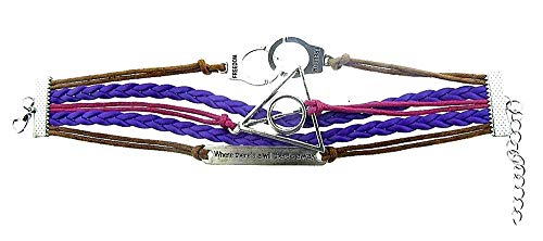 Pulsera multicapa trenzada marrón violeta y azul marino con colgantes esposas con grabado freedom triángulo y placa con inscripción where there's a will there's a way joya idea regalo unisex