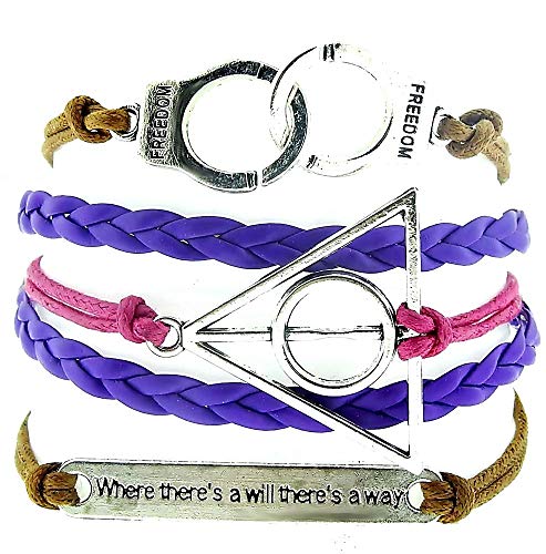 Pulsera multicapa trenzada marrón violeta y azul marino con colgantes esposas con grabado freedom triángulo y placa con inscripción where there's a will there's a way joya idea regalo unisex