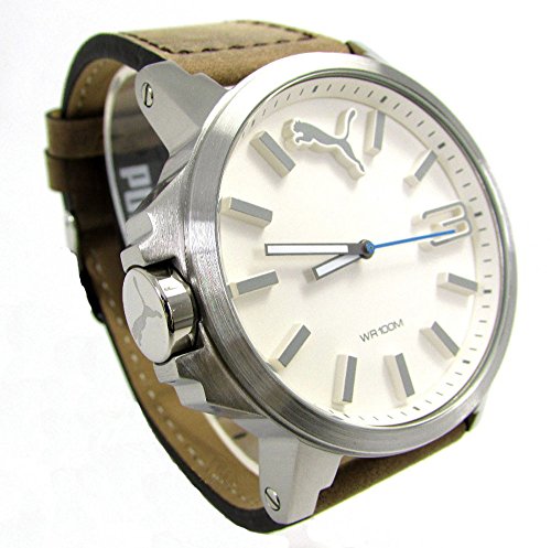 Puma Ultrasize - Reloj análogico de cuarzo con correa de cuero para hombre, color marrón/blanco