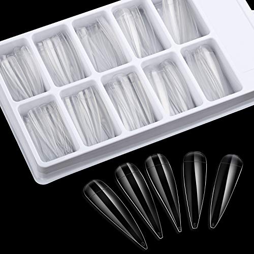 Puntas de Uñas de Estilete Uñas Postizas Acrílicas de Forma Larga 100 Puntas de Uñas Artificiales de Cubierta Completa Transparente para Deocración Arte Uñas Navidad Halloween, 10 Tamaños