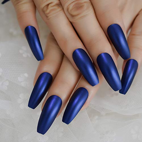 Puntas De Uñas SRTYH Dark Royal Blue Nails Prensa Mate Extra Larga En La Bailarina Uñas Postizas Frosted Sharp Fake Fingers Party Nails 1