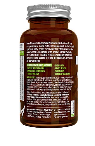 Pure & Essential Complejo Multivitamínico Completo, multivitaminas y minerales en forma activa, con hierro, zinc, vitaminas B, K2 & D3, vegano, 60 comprimidos