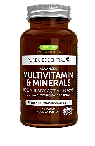 Pure & Essential Complejo Multivitamínico Completo, multivitaminas y minerales en forma activa, con hierro, zinc, vitaminas B, K2 & D3, vegano, 60 comprimidos