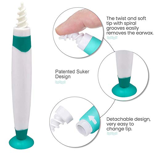 Q-Grips Limpia Oídos, kit limpiador para oídos, Limpiador de Cera de Oídos con Punta Suave en Espiral y 16 Puntas Remplazables de Silicona lavables Para la Higiene, Apto Para todas las Familias(verde)