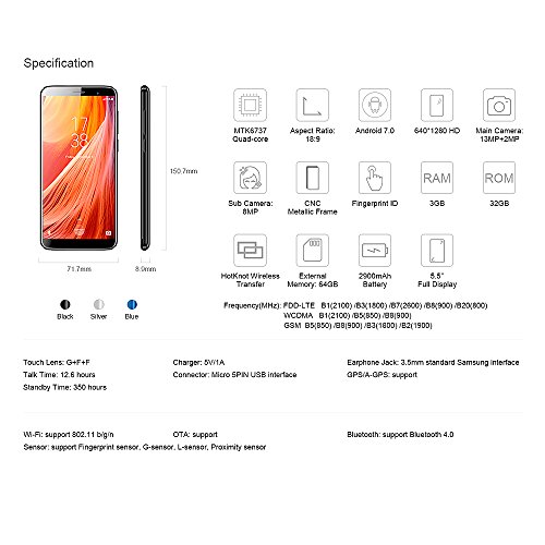 Qalabka S7 de 5.5 Pulgadas 18: 9 sin Bisel de Pantalla Completa teléfono móvil 4G-LTE Fingerprint Smartphone 3GB RAM 32GB ROM 640 * 1280P HD IPS Android 7.0 MTK6737 Quadcore 1.3G Frontal 8MP Back