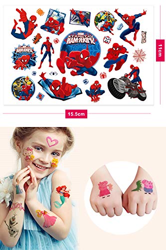 Qemsele Tatuajes Temporales Para Niños Niñas, 200+ Pcs 10 Sheets Superhéroe Dibujos animados Tatuaje Falso Pegatinas Para Niños infantiles fiesta de cumpleaños regalo Bolsas Relleno