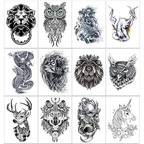 Qpout 30 Tatuajes Temporales de Brazo para Hombres/Mujeres, tatuajes de brazo negro a prueba de agua pegatina cráneo/lobo/mamba serpiente/búho/cabeza de toro/tiburón/ciervo/unicornio/remo/flores