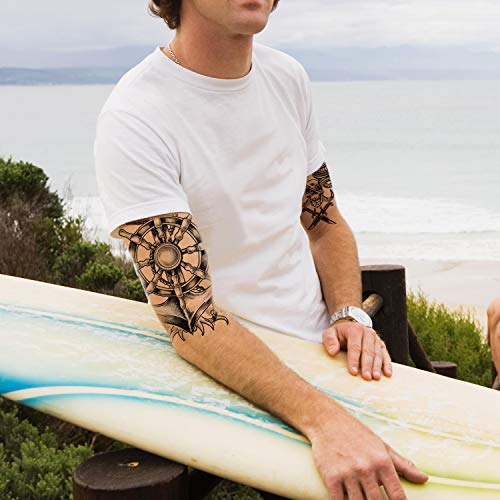 Qpout 30 Tatuajes Temporales de Brazo para Hombres/Mujeres, tatuajes de brazo negro a prueba de agua pegatina cráneo/lobo/mamba serpiente/búho/cabeza de toro/tiburón/ciervo/unicornio/remo/flores