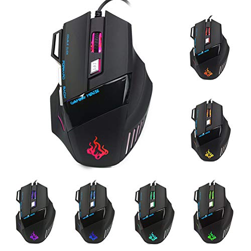 QueenDer Ratón Gaming, Ratones Gaming Profesional con Cable USB Gaming Mouse Óptico, 4 dpi Adjustables y 7 Botón Compatible con Windows 7, 8, 10, XP, Vista, ME, 2000 y Mac OS - Negro