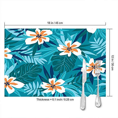 QWERDF Hawaiian Pink Flowers Blue Tisch Tischsets Für Esstisch, Waschbare Tischsets Hitzebeständig (12X18 Zoll) 6Er-Set