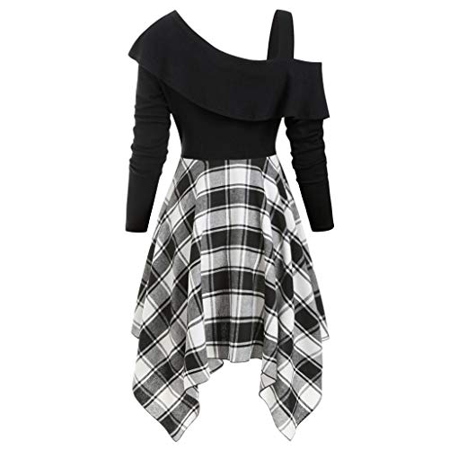 R-Cors Vestido de Mujer Falda Irregular a Cuadros Código de Gran tamaño Corbata Diagonal Falda Sexy Fuera del Hombro(Blanco,S)