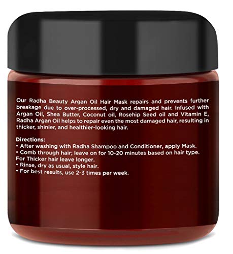 Radha Beauty Mascarilla capilar con aceite de argán y fórmula reparadora hidratante intensa con aceite de argán 100% orgánico, aceite de coco y aloe vera 236mL