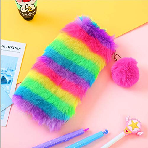 Rainbow Color Fluffy Lápiz Bolsa Papelería Bolsa de almacenamiento Mujeres Bolsa de cosméticos Bolsa de maquillaje Estuche de maquillaje Bolsas Multifunción (Color del arco iris)