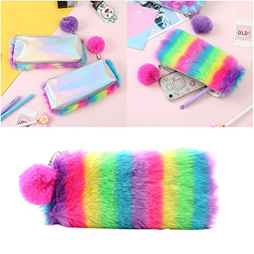 Rainbow Color Fluffy Lápiz Bolsa Papelería Bolsa de almacenamiento Mujeres Bolsa de cosméticos Bolsa de maquillaje Estuche de maquillaje Bolsas Multifunción (Color del arco iris)