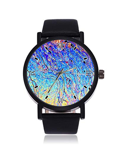 Rainbow Colors Creado por Jabón Burbuja o Aceite Custom Fashion Reloj de Pulsera analógico de Cuarzo, Correa de Cuero de Acero Negro Reloj de Pulsera para Mujeres y Hombres