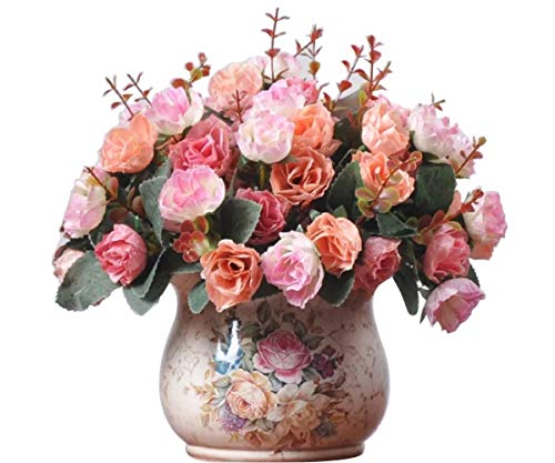 Ramo de Rosas Artificiales de Seda de LumenTY Ideal para Bodas fiestas Cocinas y Decoración del Hogar Cada Pack Tiene 7 Ramas con 21 flores Falsas Diseño de Hojas Vintage Pack de 2 Unidades Pink