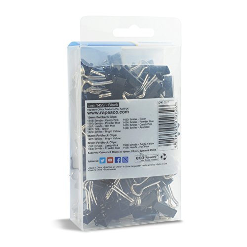 Rapesco 1429 - Caja de 80 pinzas / clips de 19mm, Sujetarán papel y tarjetas, hasta 75 hojas de papel, Negras