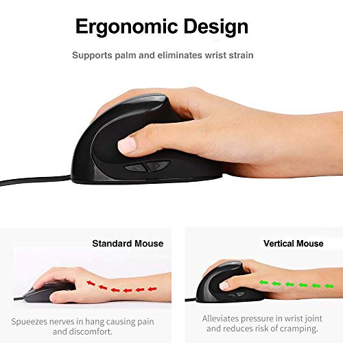 Ratón Ergonómico Ratón Vertical Silencioso Ratón Con Cable 3200-2000-1200-800 DPI USB Ratón Gaming Para Computadora Portátil De Escritorio Windows 10/8/7/xp/mac/macbook Pro/air/hp/acer 5 Botones Negro