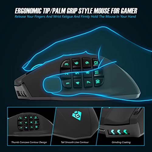 Ratón inalámbrico para juegos Gamspeed V8 Pro RGB MMO sin retraso, sensor óptico de 16,000 DPI, tecnología de transmisión de 2.4 GHz, iluminación RGB cromática, 16 botones programables