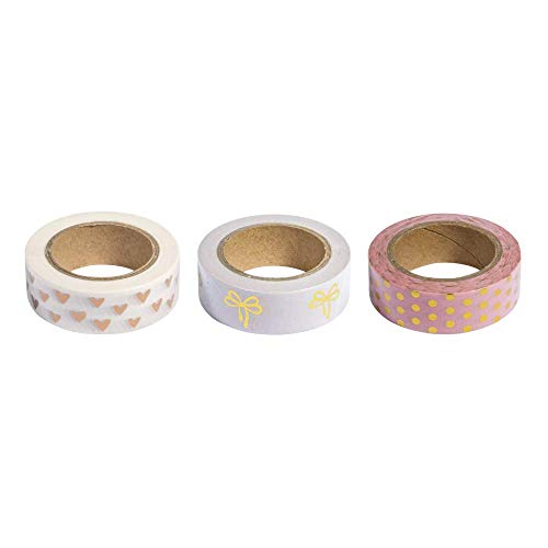 Rayher 60893000 Washi Tape Set Rose/oro Foil, 15 mm, 3 Designs caja de 10 m, 30 m