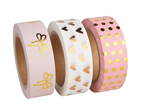 Rayher 60893000 Washi Tape Set Rose/oro Foil, 15 mm, 3 Designs caja de 10 m, 30 m