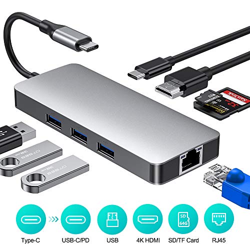 RAYROW Hub USB C, 8 en 1 Hub C con 4K HDMI, Puerto de Carga PD, 3 Puertos USB 3.0, Lector de Tarjetas SD/TF, RJ45 Gigabit Ethernet, convertidor portátil USB Type-C para Macbook, iMac y más (Grey)