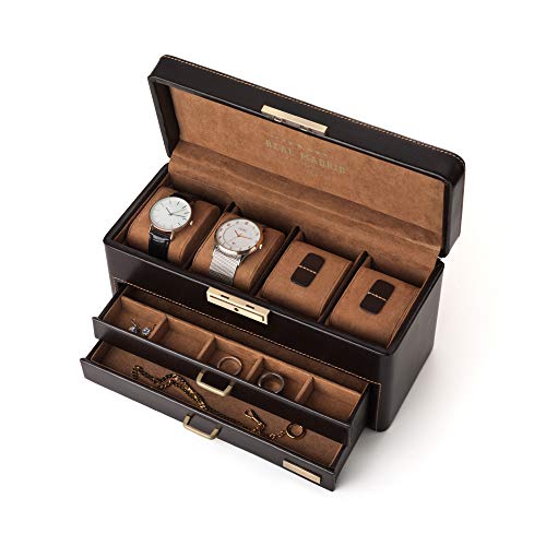 Real Madrid - Relojero-Joyero, 4 Compartimentos para Relojes y 2 Bandejas para Accesorios.Hecho a Mano con Piel Color Marrón RMJ-80003B