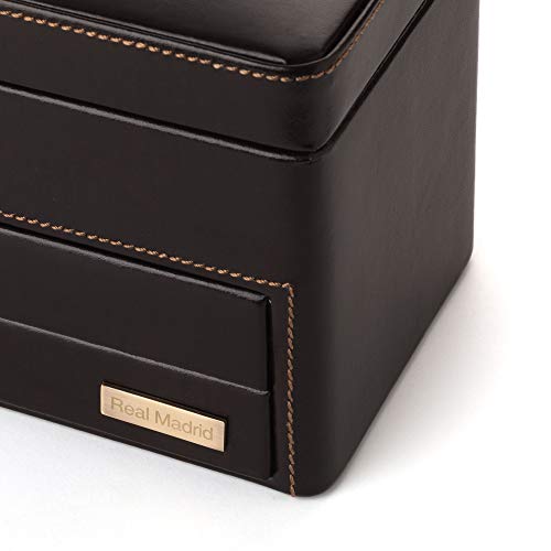 Real Madrid - Relojero-Joyero, 4 Compartimentos para Relojes y 2 Bandejas para Accesorios.Hecho a Mano con Piel Color Marrón RMJ-80003B