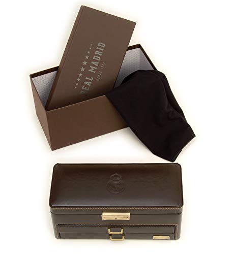 Real Madrid - Relojero-Joyero, 4 Compartimentos para Relojes y 2 Bandejas para Accesorios.Hecho a Mano con Piel Color Marrón RMJ-80003B