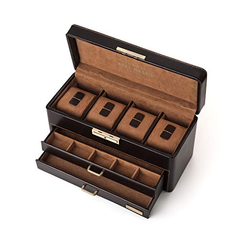 Real Madrid - Relojero-Joyero, 4 Compartimentos para Relojes y 2 Bandejas para Accesorios.Hecho a Mano con Piel Color Marrón RMJ-80003B