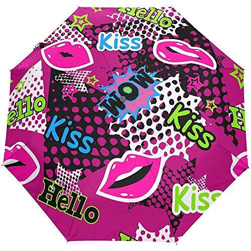 Red Lip Kiss Hippie Auto Open Umbrella Sun Rain Umbrella Anti UV Folding Compact Automatic Umbrella