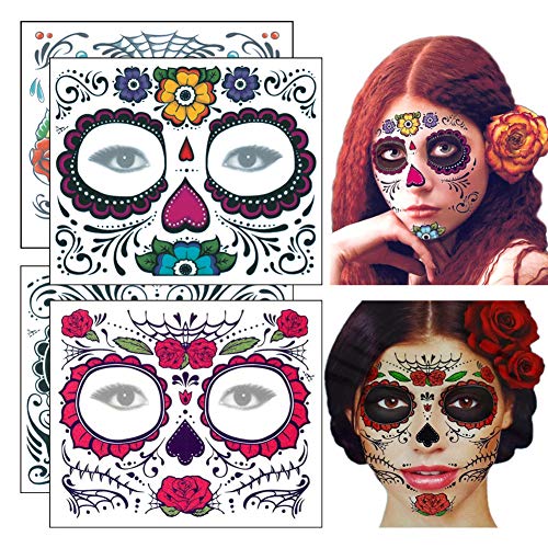 Regalos de Navidad Halloween Cara Tatuaje Pegatinas 4Pcs, Calcomanía temporal del tatuaje del maquillaje del tatuaje del cráneo de la moda para el partido de la mascarada de la Navidad